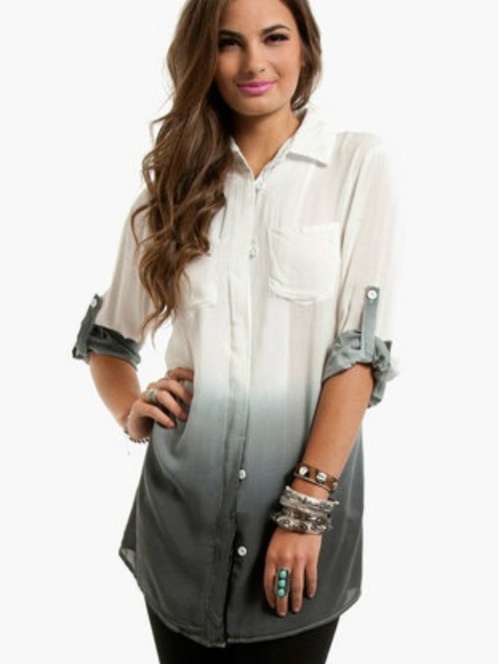 TOBI Dip Dye Ombré Tunic Blouse 100% Cotton Shirt White Olive Sage Size S